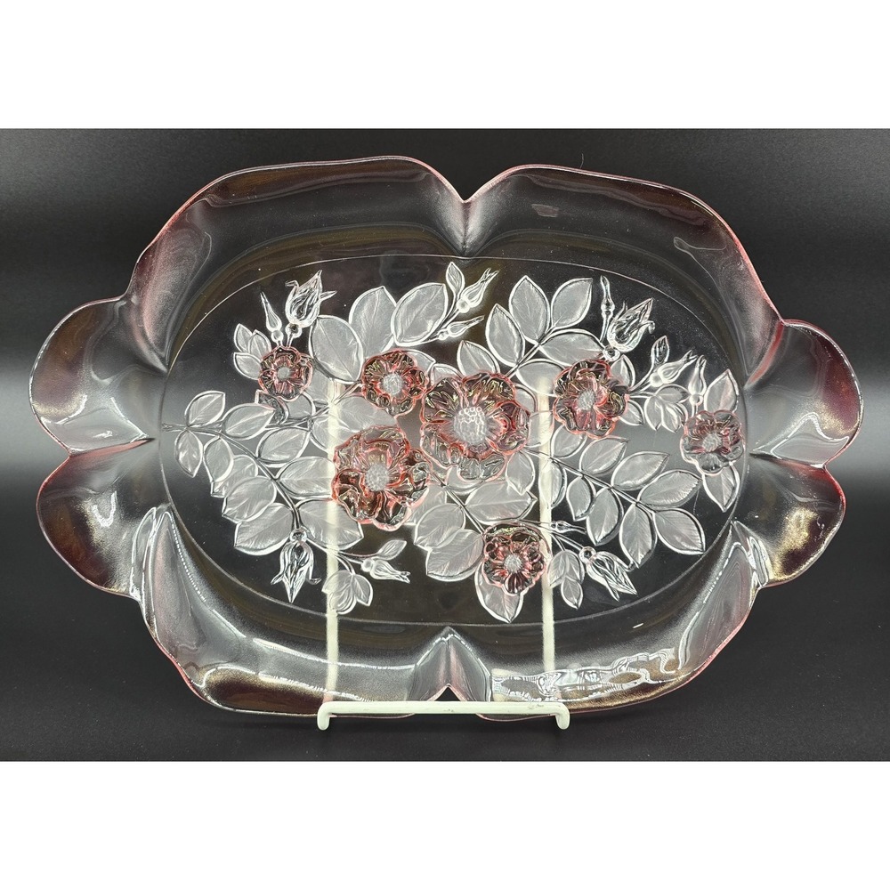 Vtg Mikasa Rosella Serving Tray Walther Glass Pink Crystal 16x11"‎ 3D Bottom